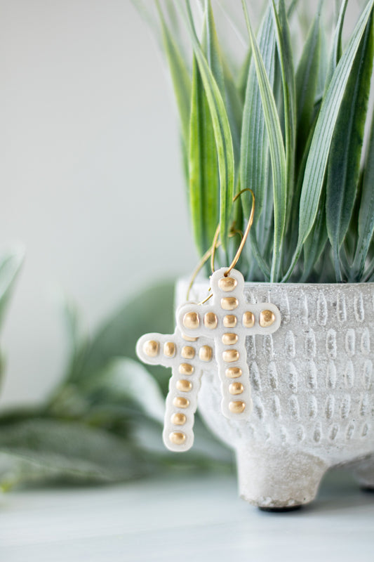 WS Pearl and Gold Cross Hoops