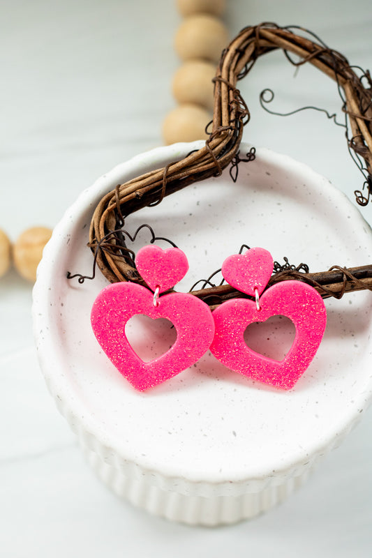 WS Hot Pink Sparkle Heart CutOut Dangles