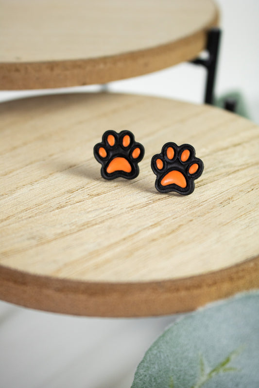 Orange/Black Paw Print Studs